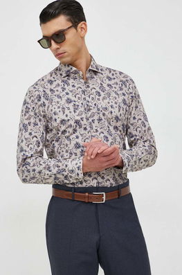 Joop! Camasa Din Bumbac Barbati, Culoarea Bej, Cu Guler Italian, Slim Bărbaţi, Elegant, Model Flori
