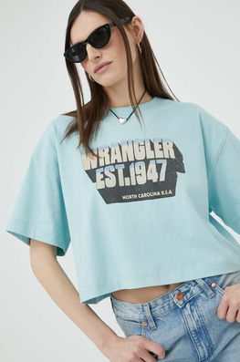 Wrangler Tricou Din Bumbac Dama Albastru, Model Print