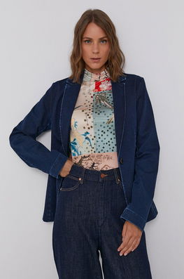 Desigual Sacou Culoarea Albastru Marin, Un Singur Rand De Nasturi, Material Neted Dama Bleumarin, Panza