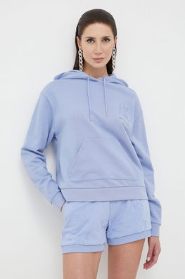 Armani Exchange Hanorac De Bumbac Femei, Culoarea Gri, Cu Glugă, Neted Dama Albastru