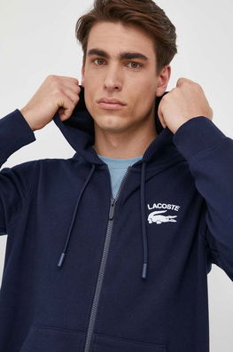 Lacoste Hanorac De Bumbac Barbati, Culoarea Albastru Marin, Cu Glugă, Cu Imprimeu Bărbaţi Bleumarin