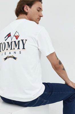Tommy Jeans Tricou Din Bumbac , Culoarea Alb, Cu Imprimeu Bărbaţi, Model Print