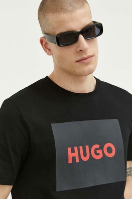 HUGO Tricou Din Bumbac Culoarea Negru, Cu Imprimeu Bărbaţi, Model Print