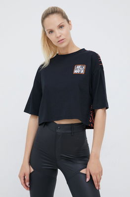 LaBellaMafia Tricou Din Bumbac Culoarea Negru Dama, Model Imprimeu