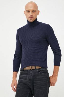 Trussardi Pulover De Lana Barbati, Culoarea Albastru Marin, Light, Cu Guler Bărbaţi Bleumarin