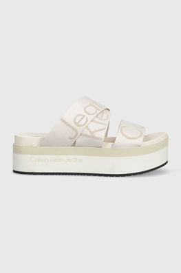 Calvin Klein Jeans Papuci FLATFORM SANDAL WEBBING Femei, Culoarea Bej, Cu Platforma, YW0YW00966 Dama, Textil