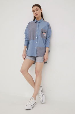 Converse Camasa Din Bumbac Femei, Cu Guler Clasic, Relaxed Dama Albastru, Casual, Model Imprimeu