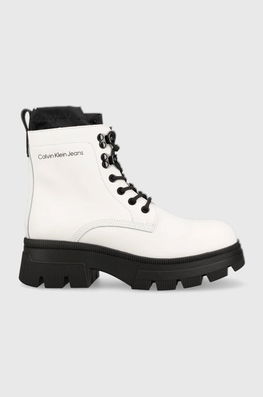 Calvin Klein Jeans Bocanci De Piele Chunky Combat Laceup Hiking Femei, Culoarea Alb, Cu Platforma Dama
