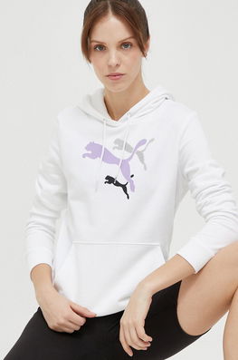 Puma Bluză Trening Culoarea Alb, Cu Glugă, Cu Imprimeu Dama, Model Print