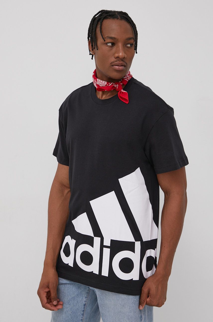 Adidas Tricou Din Bumbac HE1830 Culoarea Negru, Cu Imprimeu Bărbaţi, Model Print