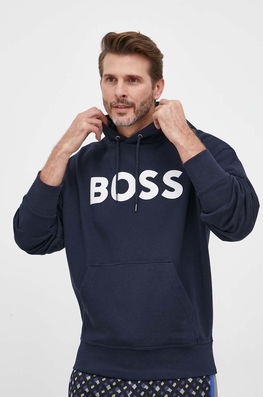 BOSS Hanorac De Bumbac BOSS ORANGE Barbati, Culoarea Albastru Marin, Cu Glugă, Cu Imprimeu Bărbaţi Bleumarin, Model Print