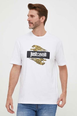 Just Cavalli Tricou Din Bumbac Culoarea Alb, Cu Imprimeu Bărbaţi, Model Print