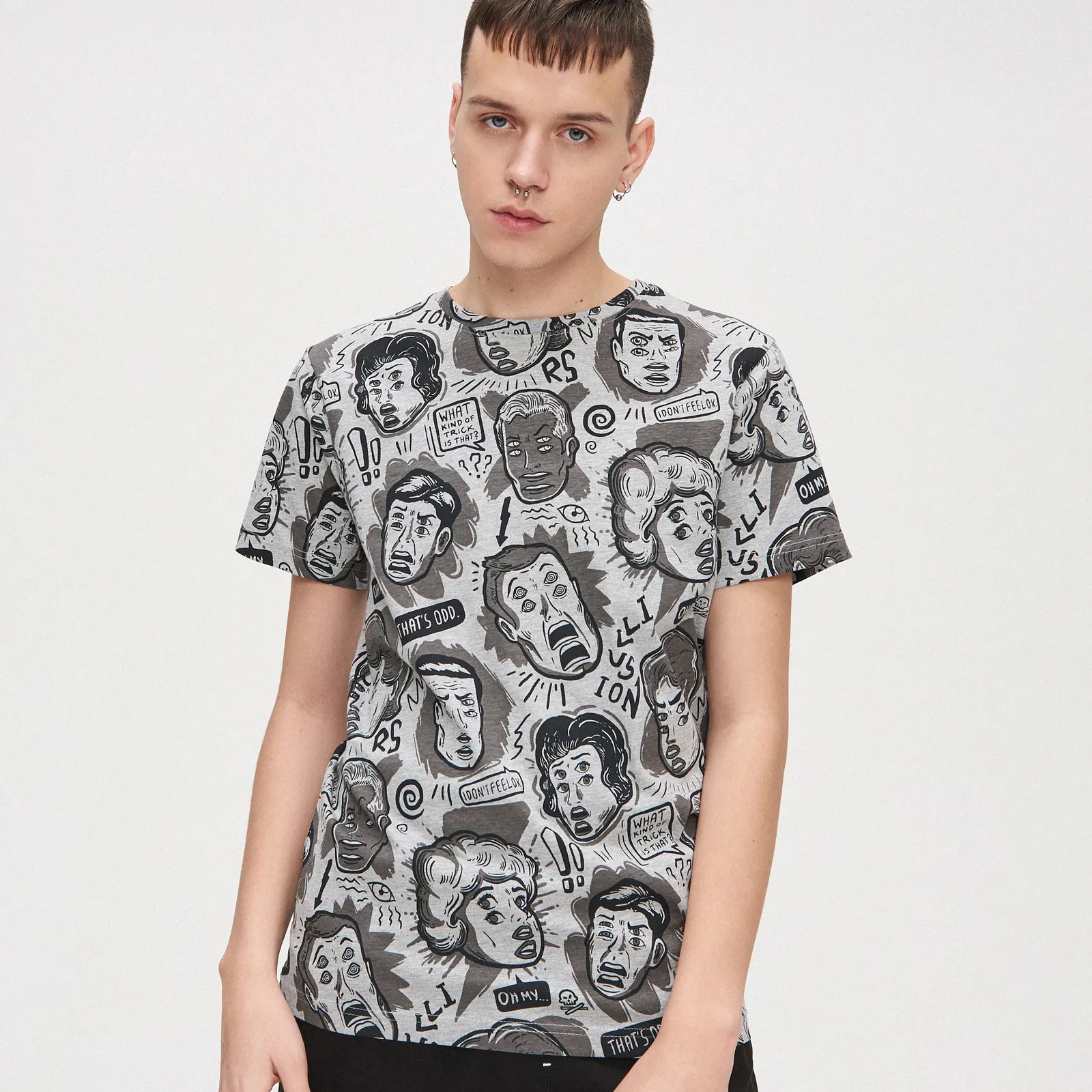 Cropp - Tricou cu imprimeu abstract - Gri deschis