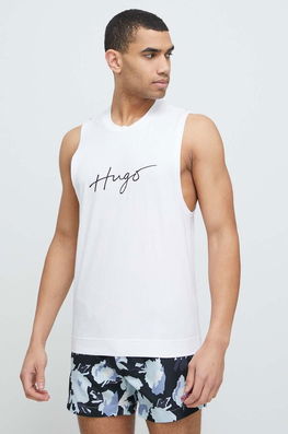 HUGO Tricou De Plajă Din Bumbac Culoarea Alb Bărbaţi, Model Imprimeu