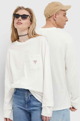Guess Originals Longsleeve Din Bumbac Culoarea Bej, Cu Imprimeu Bărbaţi