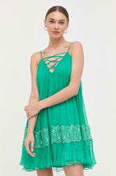Nissa Rochie De Matase Culoarea Verde, Mini, Evazati Dama, Casual, Model Imprimeu