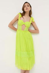 Nissa Rochie De Matase Culoarea Galben, Midi, Evazati Dama, Cocktail
