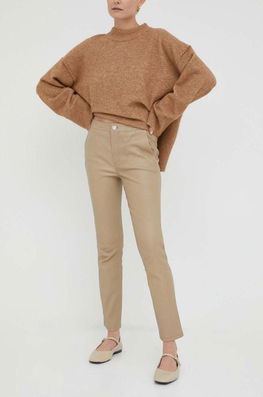 2NDDAY Pantaloni De Piele Femei, Culoarea Bej, Drept, High Waist Dama, Piele Naturala