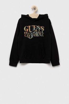 Guess Hanorac De Bumbac Pentru Copii Culoarea Negru, Cu Glugă, Modelator, Model Print
