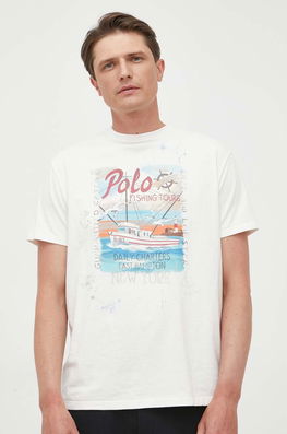 Polo Ralph Lauren Tricou Din Bumbac Culoarea Alb, Cu Imprimeu Bărbaţi, Model Print