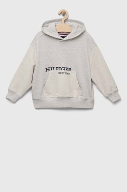 Tommy Hilfiger Hanorac De Bumbac Pentru Copii Culoarea Gri, Cu Glugă, Modelator, Model Print