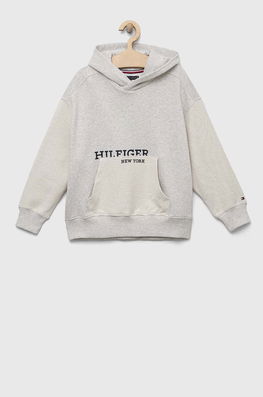 Tommy Hilfiger Hanorac De Bumbac Pentru Copii Culoarea Gri, Cu Glugă, Modelator, Model Print