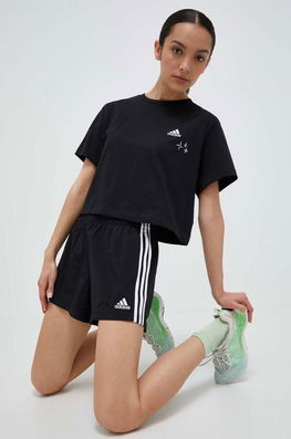 Adidas Pantaloni Scurti Femei, Culoarea Negru, Cu Imprimeu, High Waist Dama, Panza