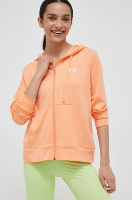 Under Armour Bluza Femei, Culoarea Portocaliu, Cu Glugă, Cu Imprimeu Dama, Cu Elastan, Model Print