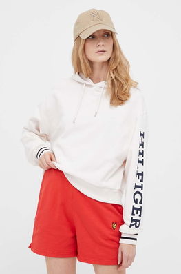 Tommy Hilfiger Hanorac De Bumbac Femei, Culoarea Roz, Cu Glugă, Cu Imprimeu Dama, Model Print