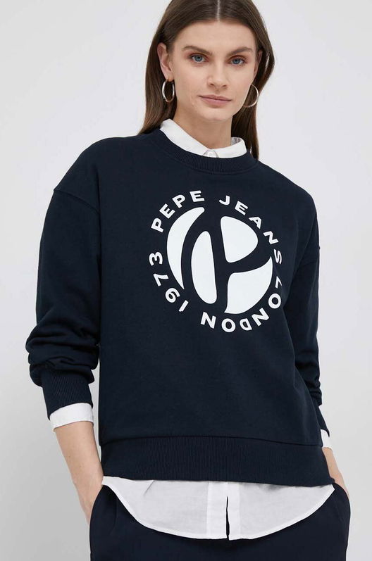 Pepe Jeans Hanorac De Bumbac Wyllile Femei, Culoarea Albastru Marin, Cu Imprimeu Dama Bleumarin, Model Print