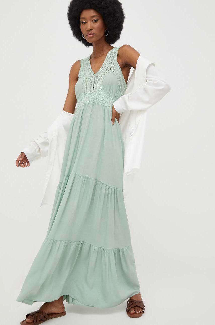 Answear Lab Rochie Culoarea Verde, Maxi, Evazati Dama, Panza, Casual, Model Imprimeu