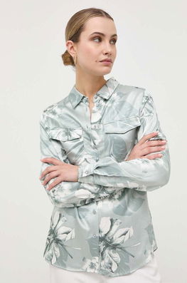 Guess Camasa Femei, Culoarea Verde, Cu Guler Clasic, Regular Dama, Vascoza, Casual
