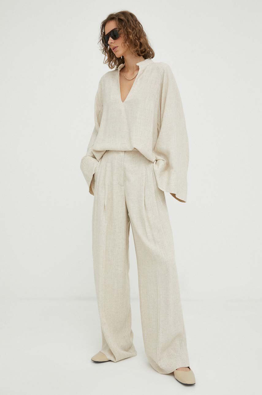 By Malene Birger Pantaloni Din Amestec De In Cymbaria Culoarea Bej, Lat, High Waist Dama, Panza