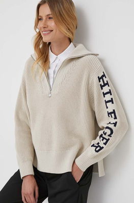 Tommy Hilfiger Pulover De Bumbac Culoarea Bej, Călduros, Cu Guler Dama, Model Imprimeu