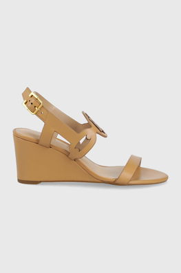 Lauren Ralph Lauren Sandale De Piele Amilea Femei, Culoarea Bej, Toc Pana Dama, Toc Coturn