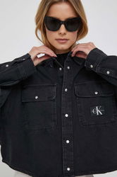 Calvin Klein Jeans Camasa Jeans Femei, Culoarea Negru, Cu Guler Clasic, Relaxed Dama, Bumbac, Casual