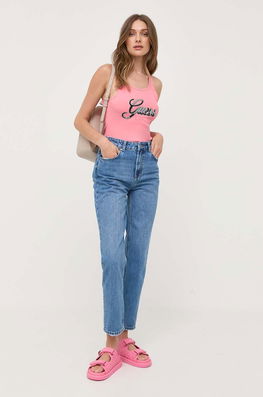 Guess Top Din Bumbac Culoarea Roz Dama, Model Imprimeu