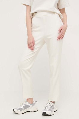 BOSS Pantaloni Femei, Culoarea Alb, Fason Tigareta, High Waist Dama Bej, Tricotaj