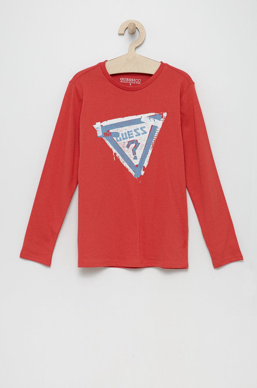Guess Longsleeve Din Bumbac Pentru Copii Culoarea Rosu, Cu Imprimeu, Model Print