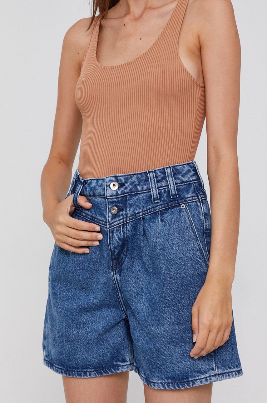 Mustang Pantaloni Scurți Jeans Femei, Material Neted, High Waist Dama Albastru, Bumbac