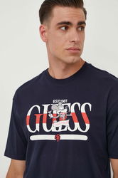 Guess Tricou Din Bumbac Guess X Banksy Barbati, Culoarea Albastru Marin, Cu Imprimeu Bleumarin