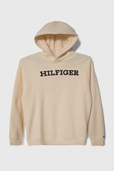 Tommy Hilfiger Hanorac De Bumbac Pentru Copii Culoarea Bej, Cu Glugă, Cu Imprimeu